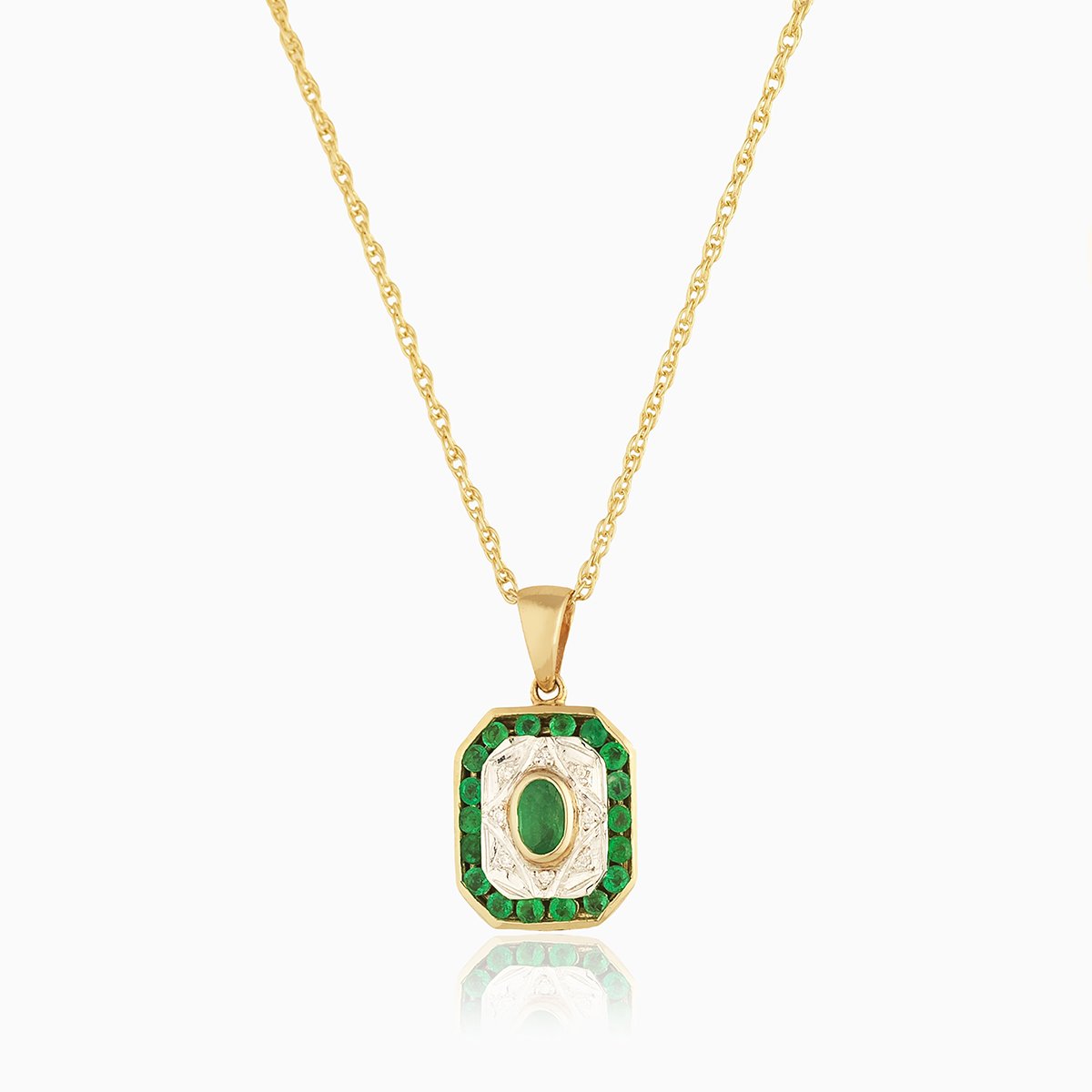 Tabular shaped 9 ct gold locket set with emeralds and diamonds , on a 9 ct gold rope chain
