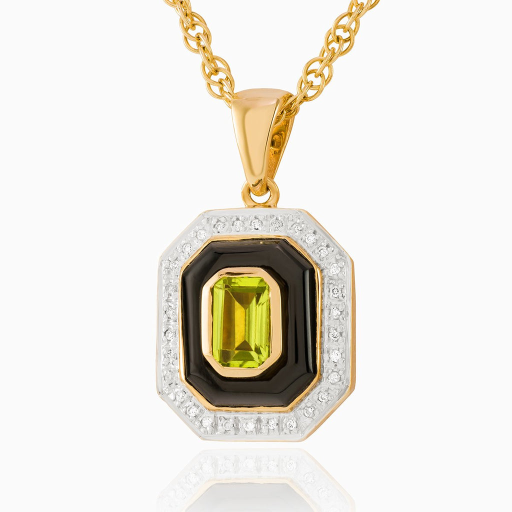 9 ct gold tabular shaped locket set with black onyx, green peridot and diamonds on a 9 ct gold rope chain