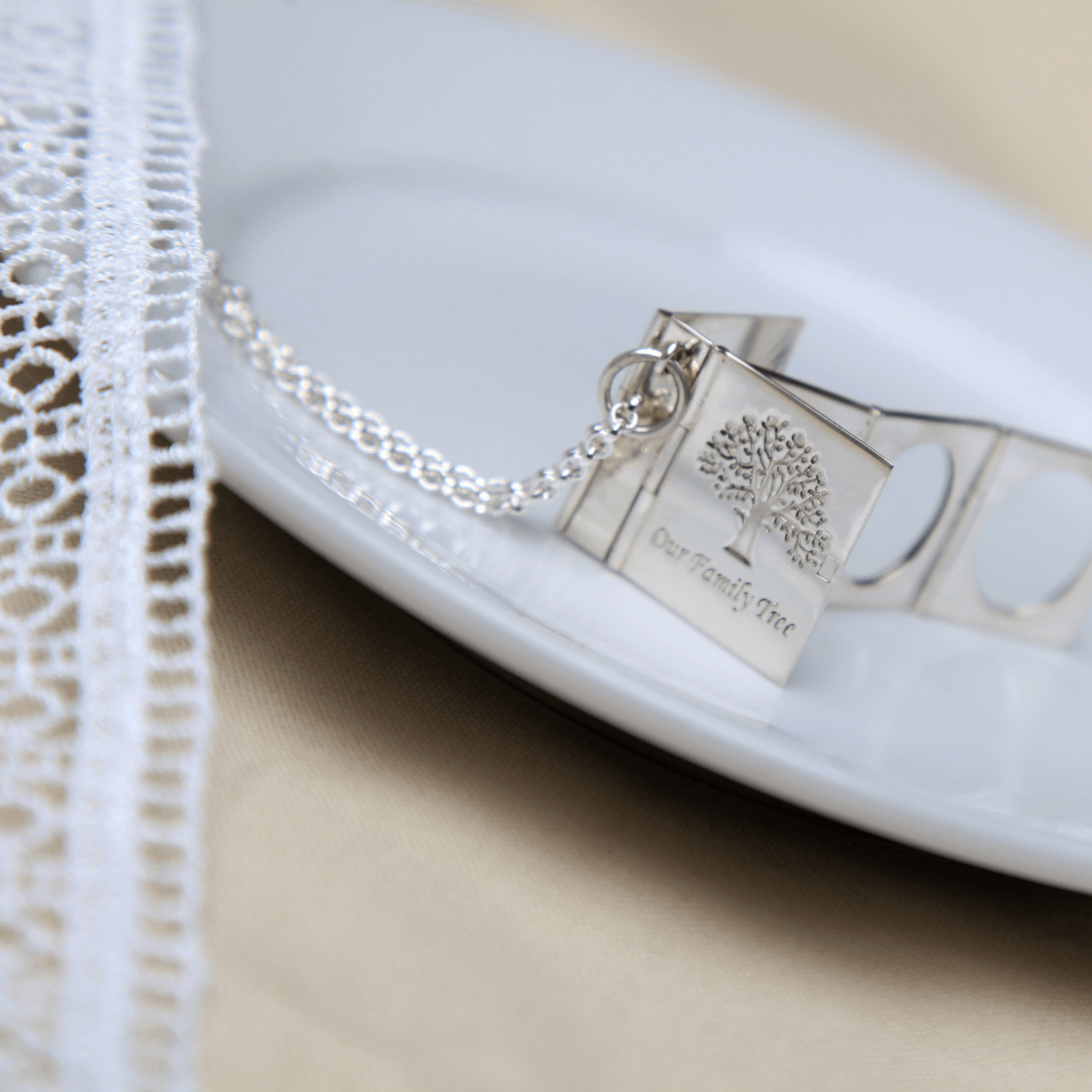 Photo showing a 925 sterling silver 10 photo Family Tree book album locket placing on a plate.
