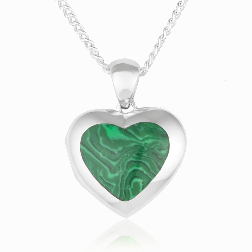 Front shot of a petite heart-shaped sterling silver locket set with green malachite on a sterling silver curb chain.