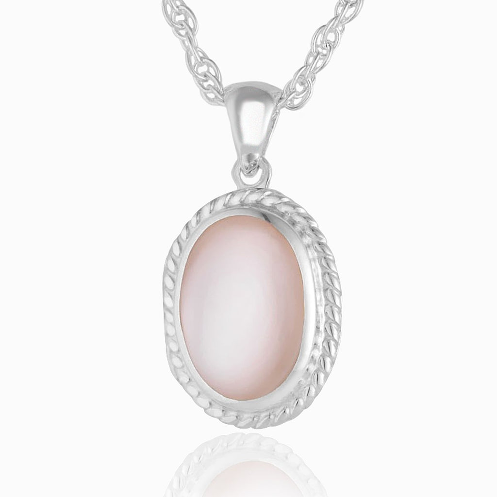Sterling silver oval lockert set with pink mother of pearl and a rope twist border on a sterling silver rope chain.