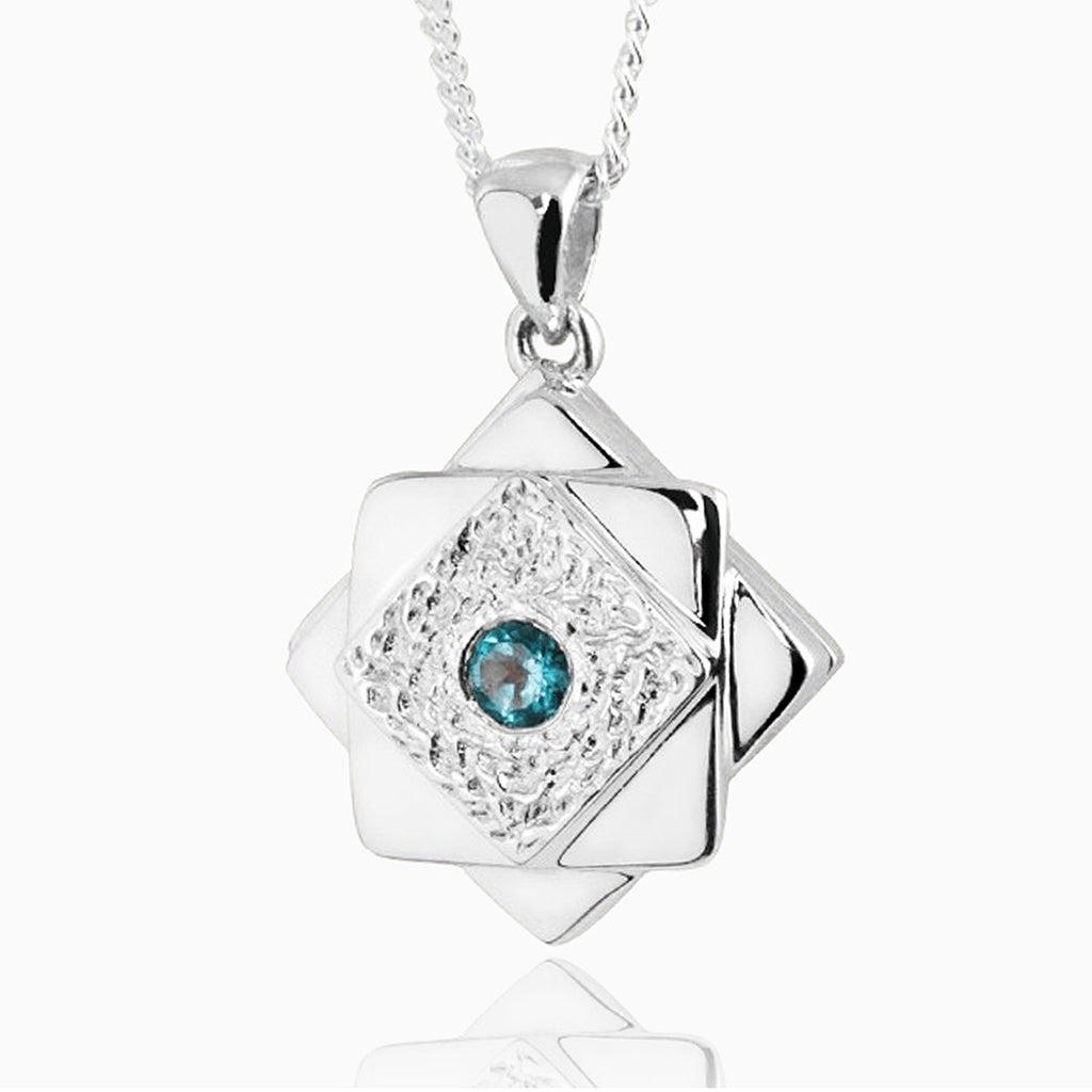 Sterling silver 925 geometric square locket with topaz gemstone setting.