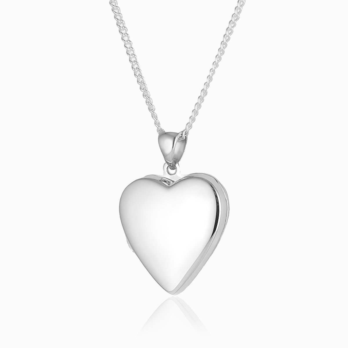 Front shot of a heart-shaped contemporary sterling silver heart locket on a sterling silver curb chain.