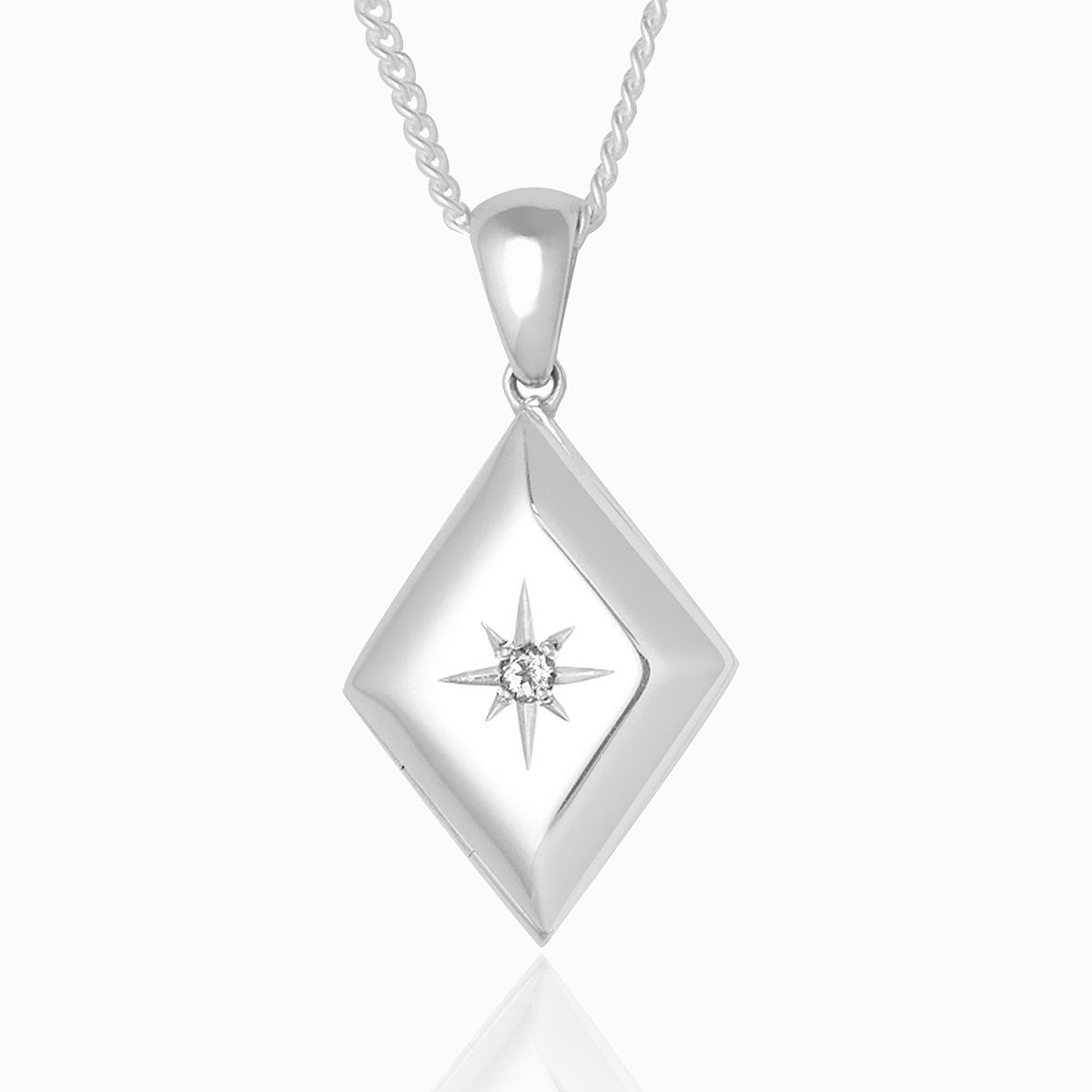 solid 925 sterling silver locket in a rhombus shape, star set with a 2mm cubic zirconia stone.