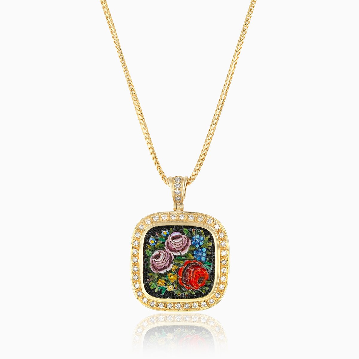 18 ct gold square locket set with a micromosaic flower design and diamonds around the edge, on an 18 ct gold franco chain. The bail also set with diamonds