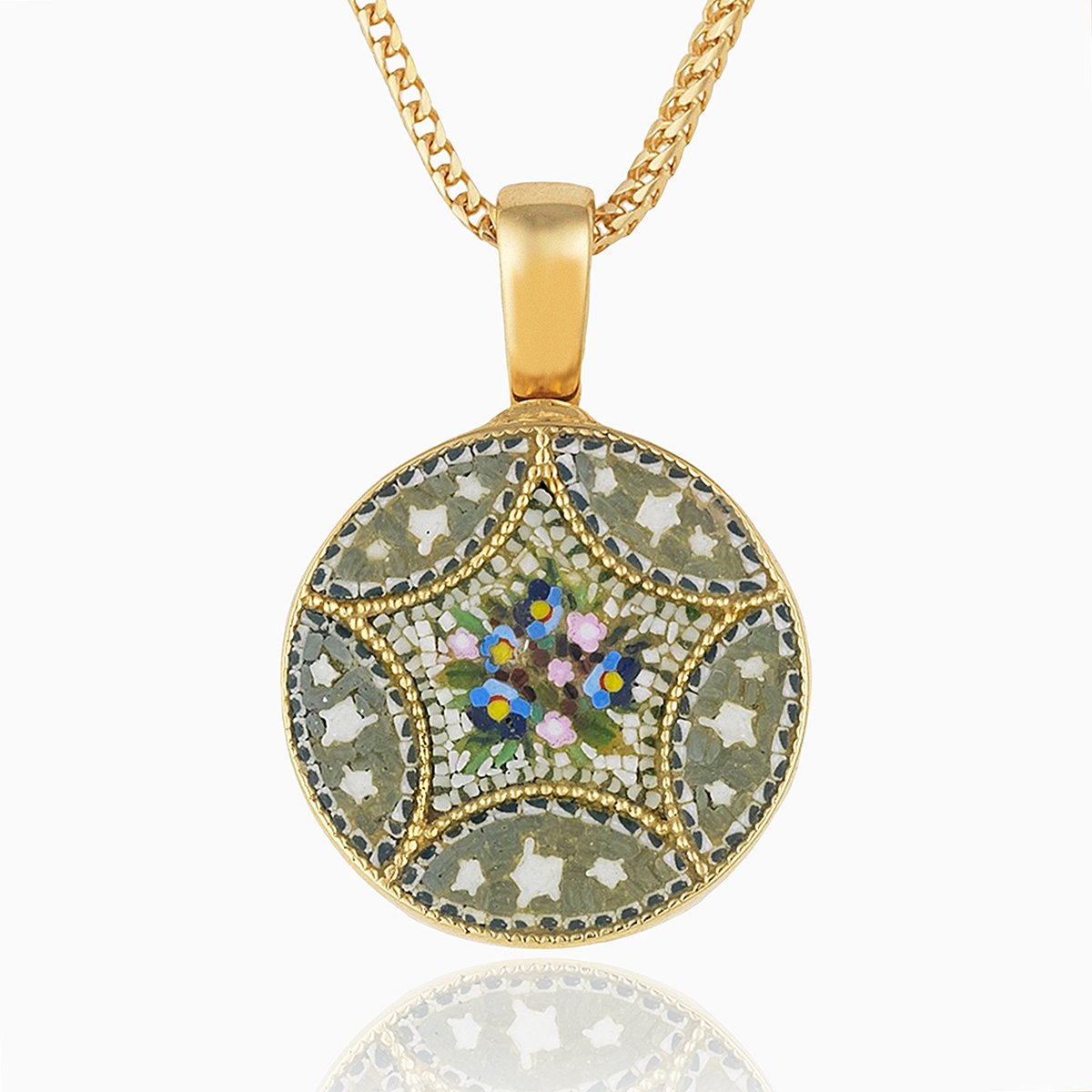 18 ct round gold locket set with a micromosaic floral design on an 18 ct gold franco chain