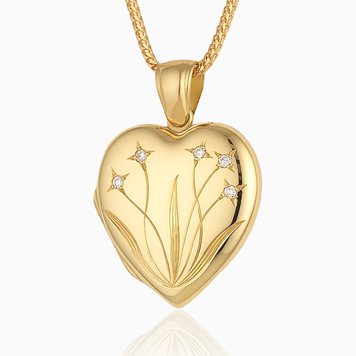 18 ct gold heart locket set with diamonds and engraved with a floral design, on an 18 ct gold franco chain