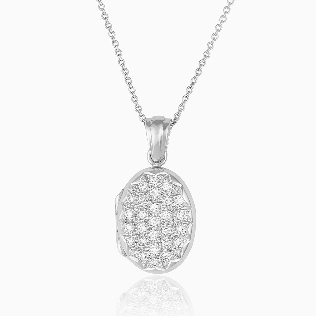 Platinum petite oval locket pave set with diamonds on a platinum trace chain