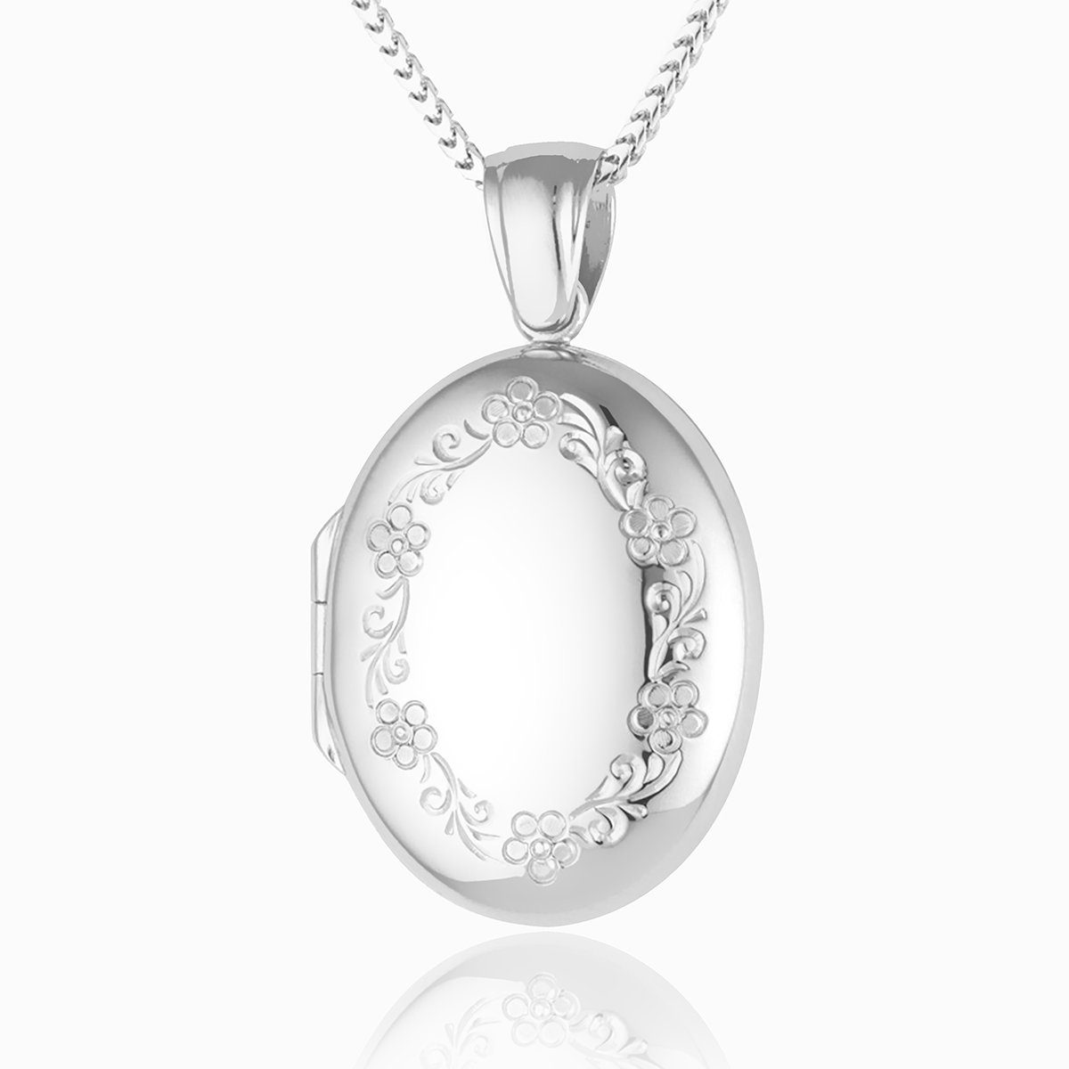 Platinum oval locket engraved with a floral border design on a plattinum chain