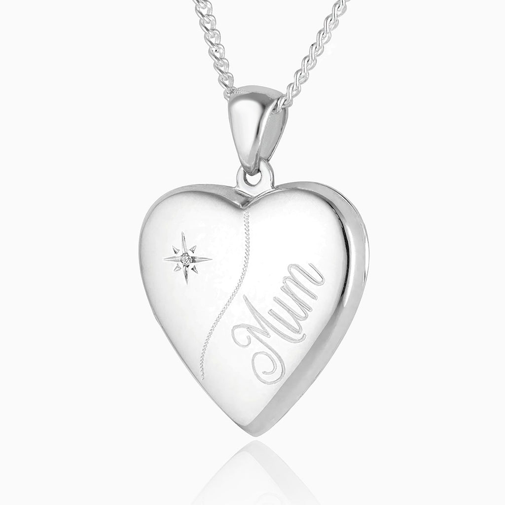 Front shot of a 925 sterling silver Diamond Mum Locket set on a sterling silver curb chain.