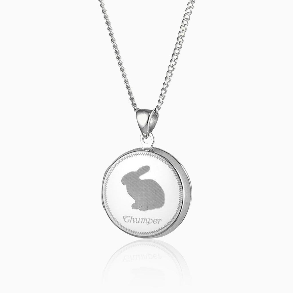 Product title: Fluffy Bunny Locket, product type: Locketsterling silver round locket with a bunny silhouette engraved on the front and the name Thumper underneath