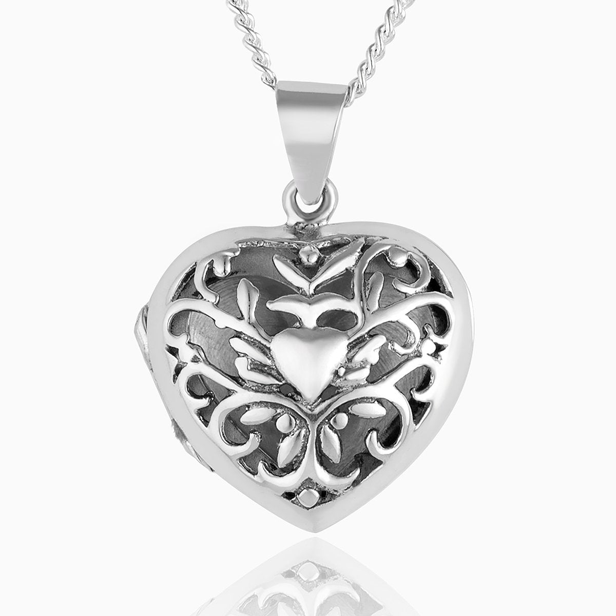 This is a front shot of a 925 sterling silver filigree heart locket.