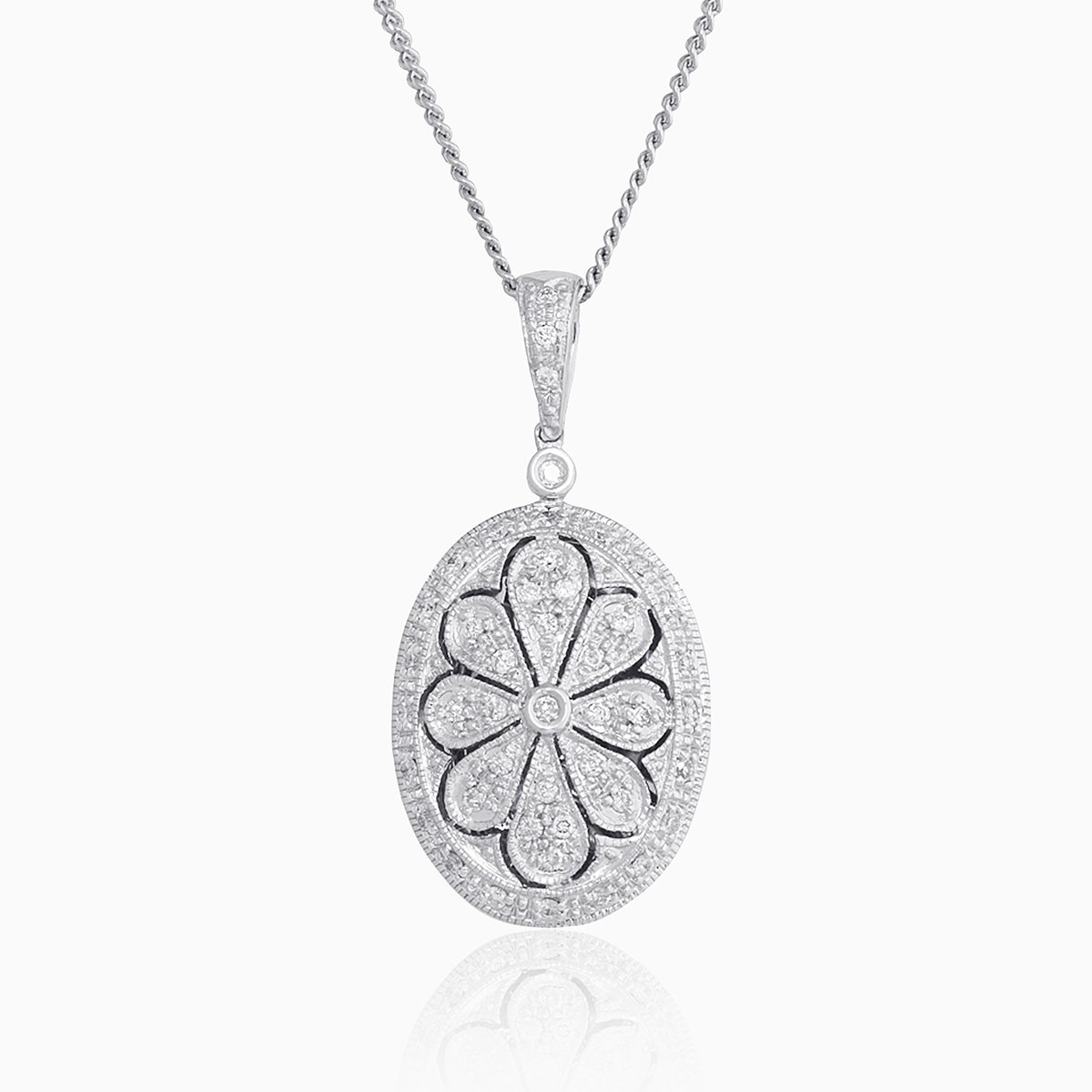 9 ct white gold oval locket pave set with diamonds in a floral design on a 9 ct white gold curb chain