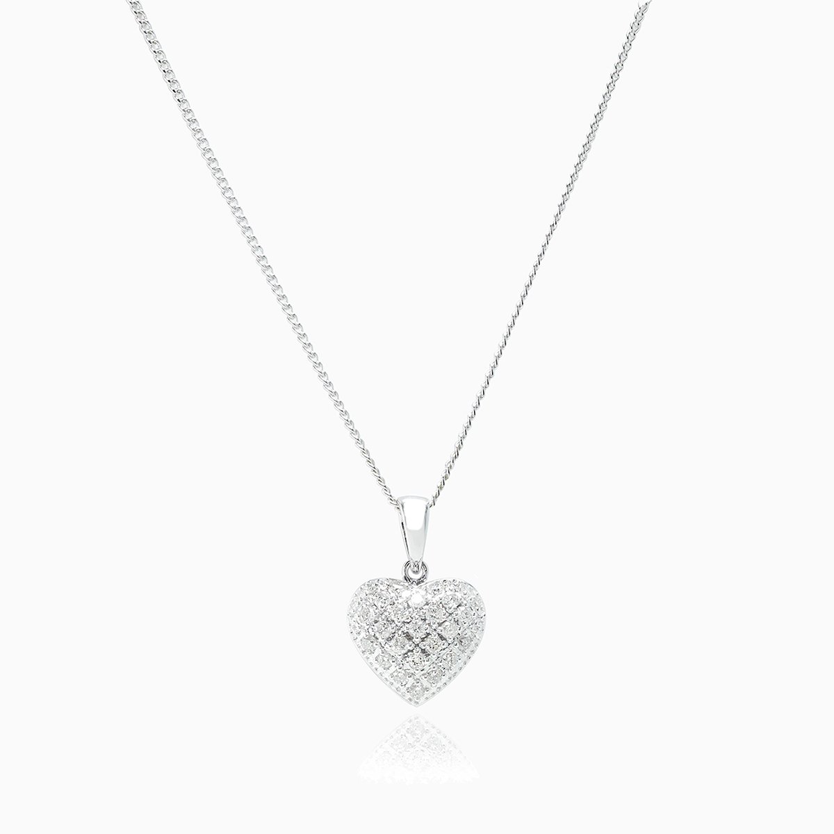 Petite 9 ct white gold heart locket pave set with diamonds on a 9 ct white gold curb chain.