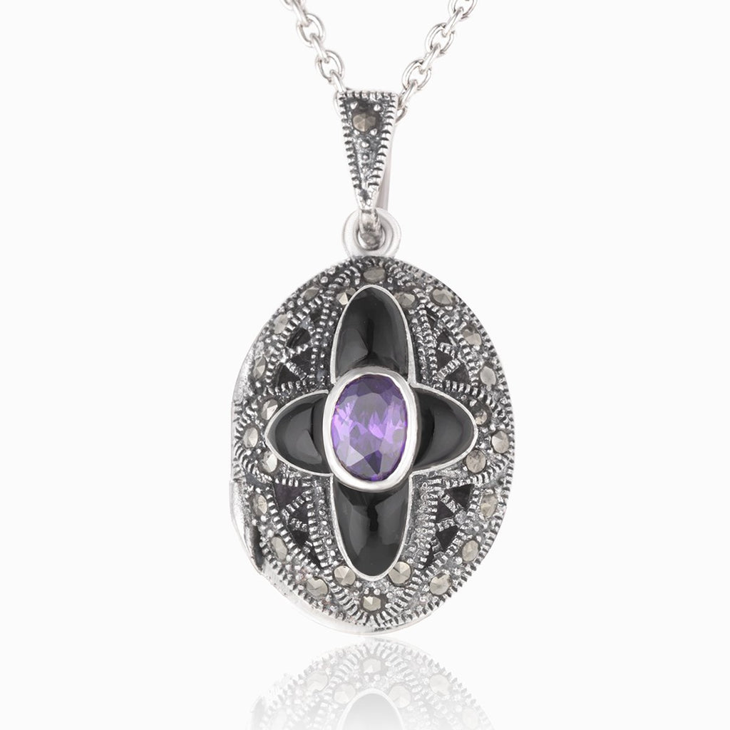 925 sterling silver marcasite oval locket with onyx and amethyst stone