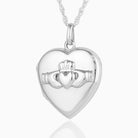 Front shot of a 925 sterling silver heart locket with embossed claddagh.