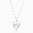 Front shot of a 925 sterling silver heart locket with embossed claddagh.