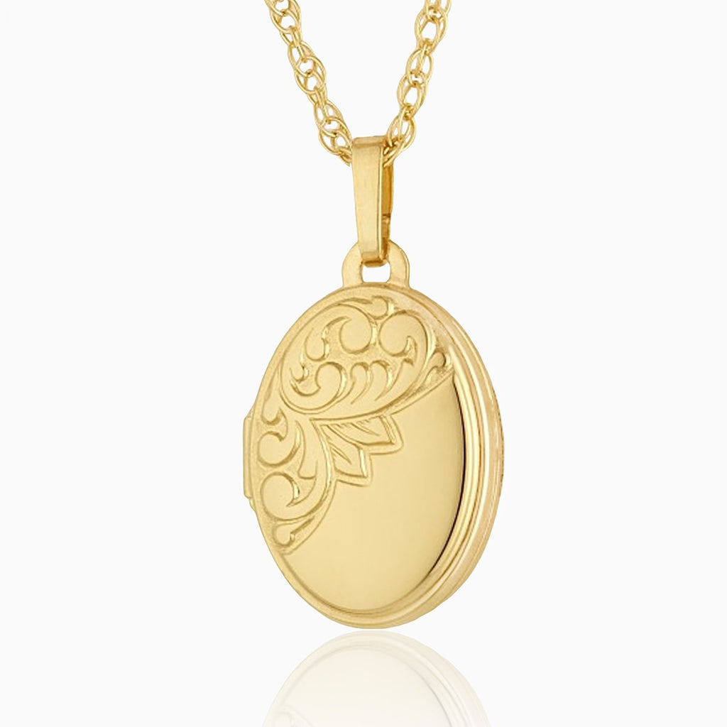 9 ct gold petite oval locket embossed with a leafy design on a 9 ct gold rope chain