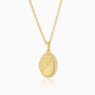 9 ct gold petite oval locket embossed with a leafy design on a 9 ct gold rope chain