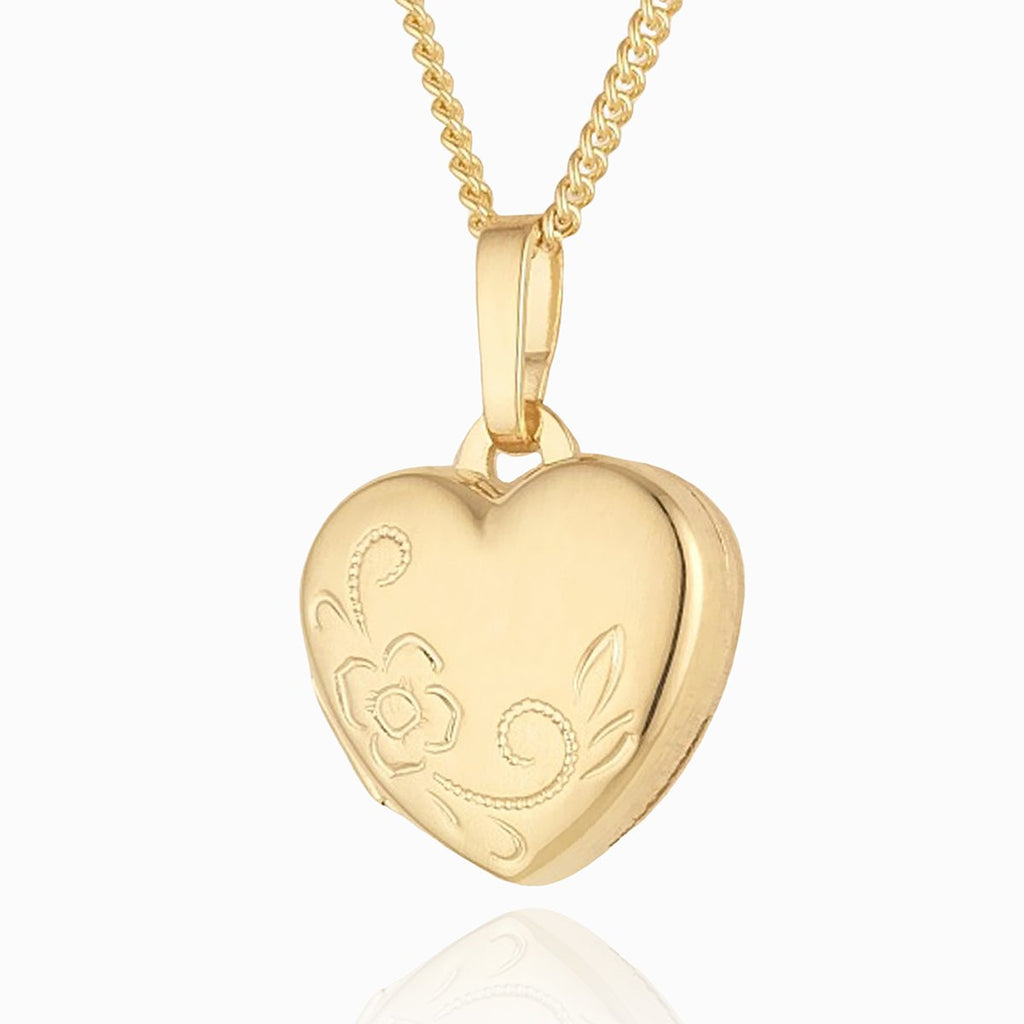 Child's 9 ct gold heart locket embossed with a floral design on a 9 ct gold curb chain
