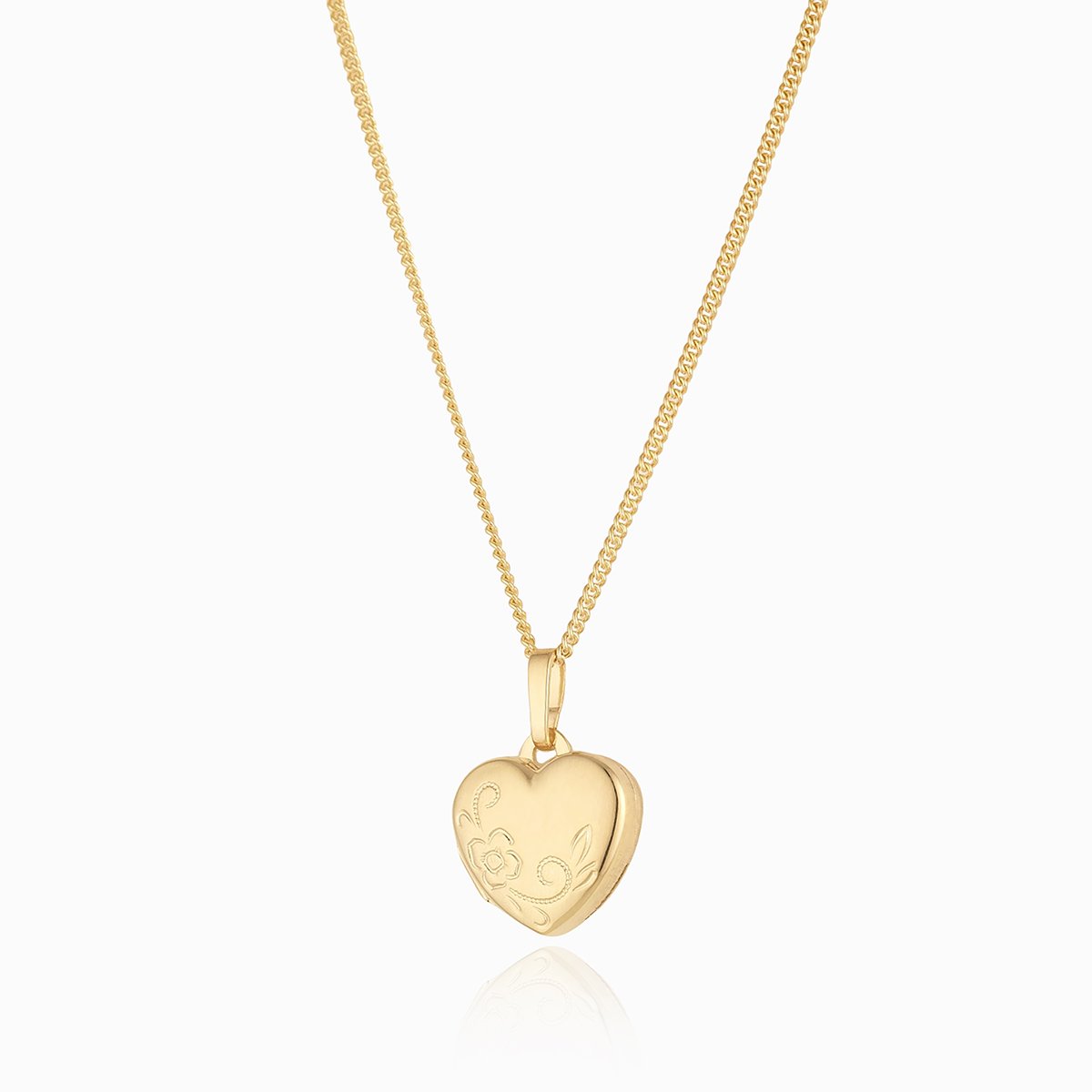Child's 9 ct gold heart locket embossed with a floral design on a 9 ct gold curb chain