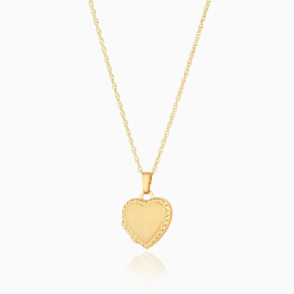 9 ct gold heart locket with a satin finish and rope twist border on a 9 ct gold rope chain.