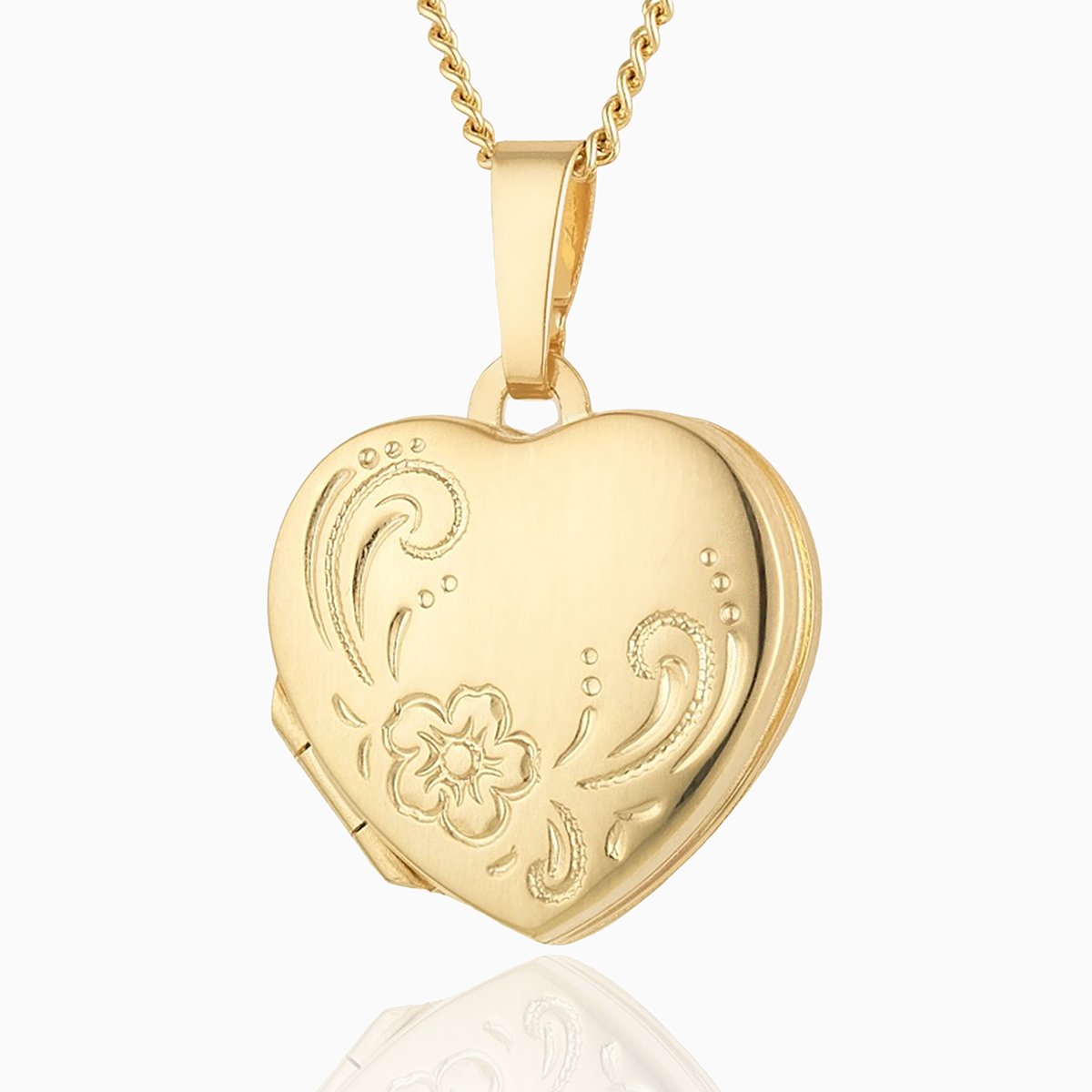 9 ct gold 4-photo heart locket with a floral engraving on a 9 ct gold curb chain