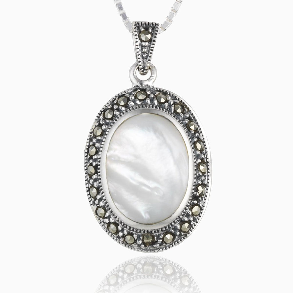 925 sterling silver marcasite and mother of pearl oval locket