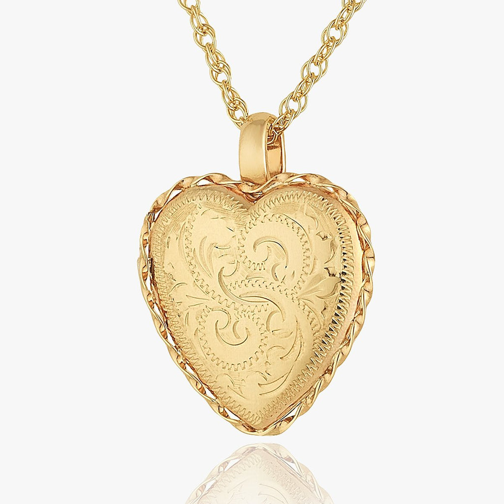 9 ct gold engraved heart locket with a rope twist border on a 9 ct gold rope chain