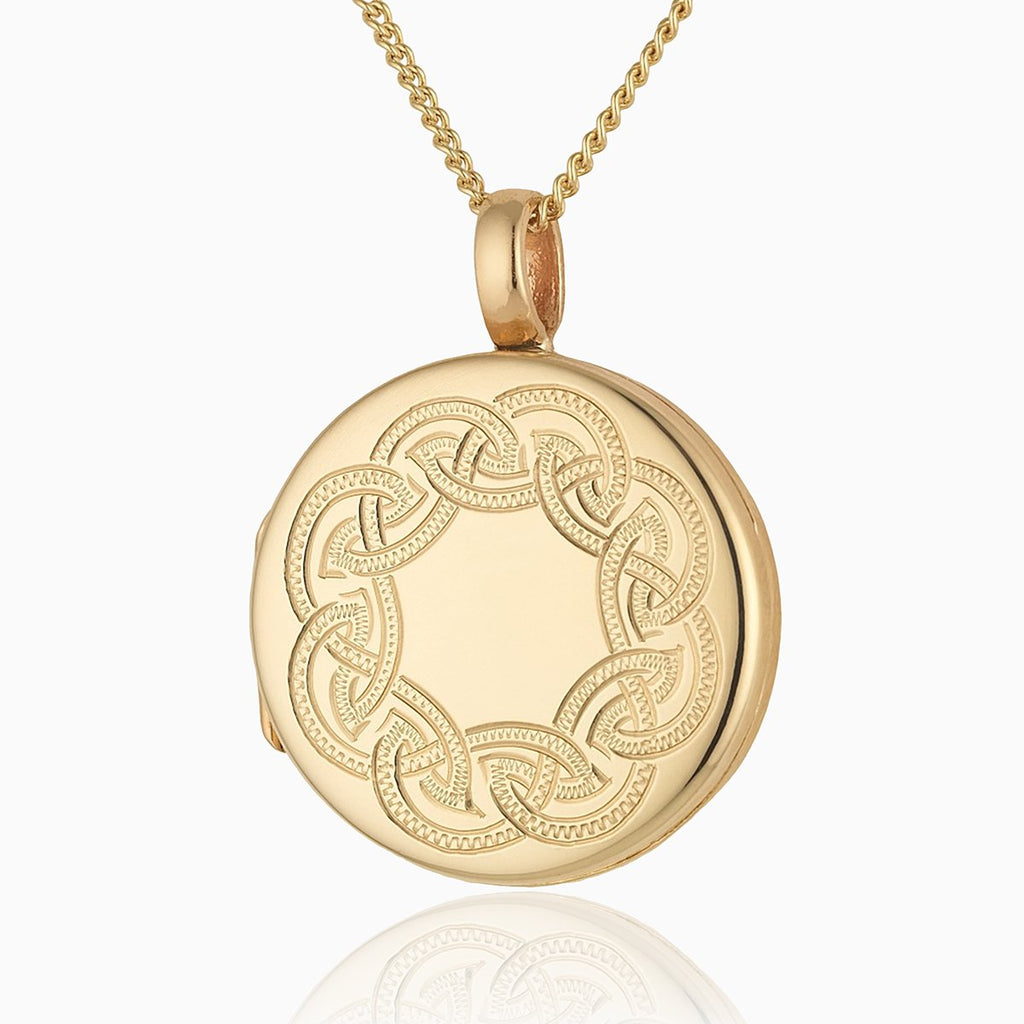9 ct gold round locket with an engraved Celtic design border on a 9 ct gold curb chain