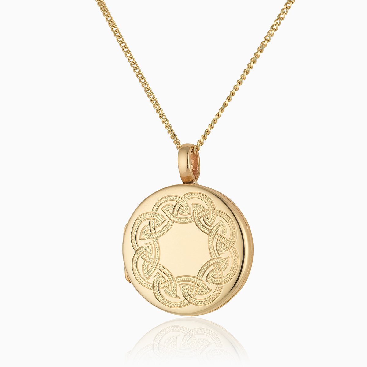 9 ct gold round locket with an engraved Celtic design border on a 9 ct gold curb chain