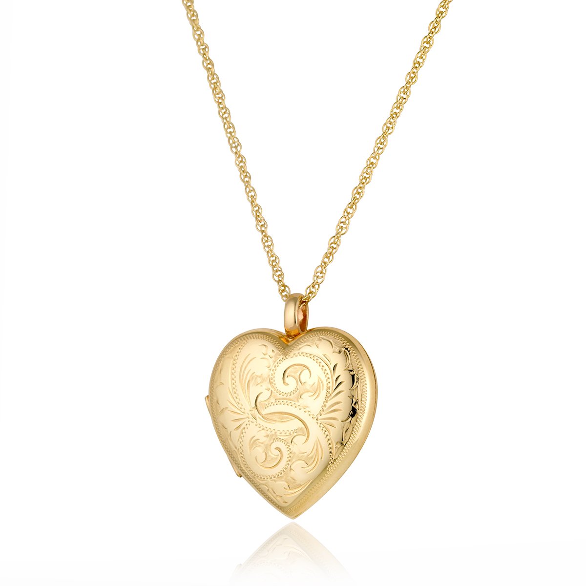Large engraved 9 ct gold 4-photo heart locket on 9 ct gold rope chain