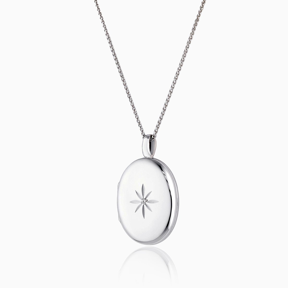 Large white gold oval locket star set with a diamond on a 9 ct white gold spiga chain