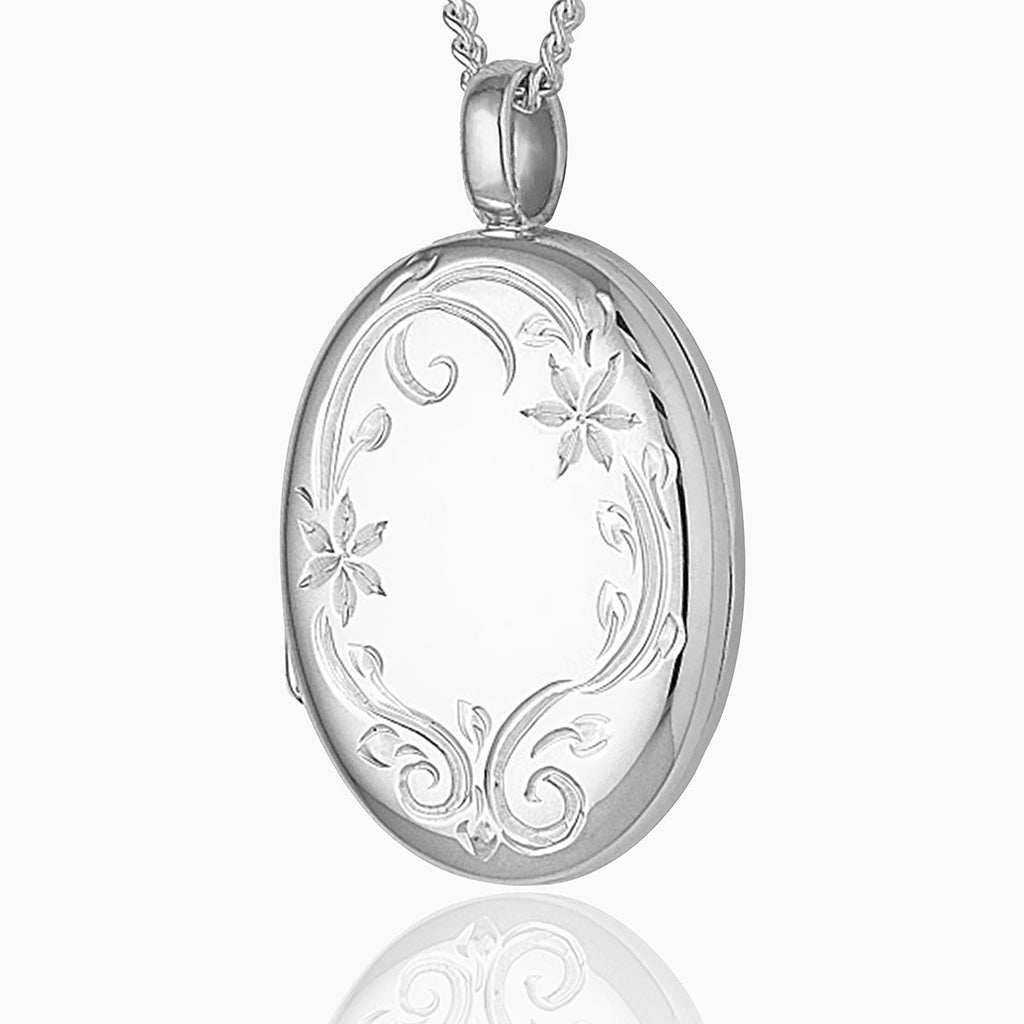 925 sterling silver oval locket with engraved flowers and leaves