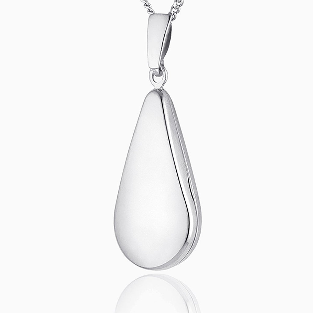 9 ct white gold teardrop shaped locket on a 9 ct white gold curb chain