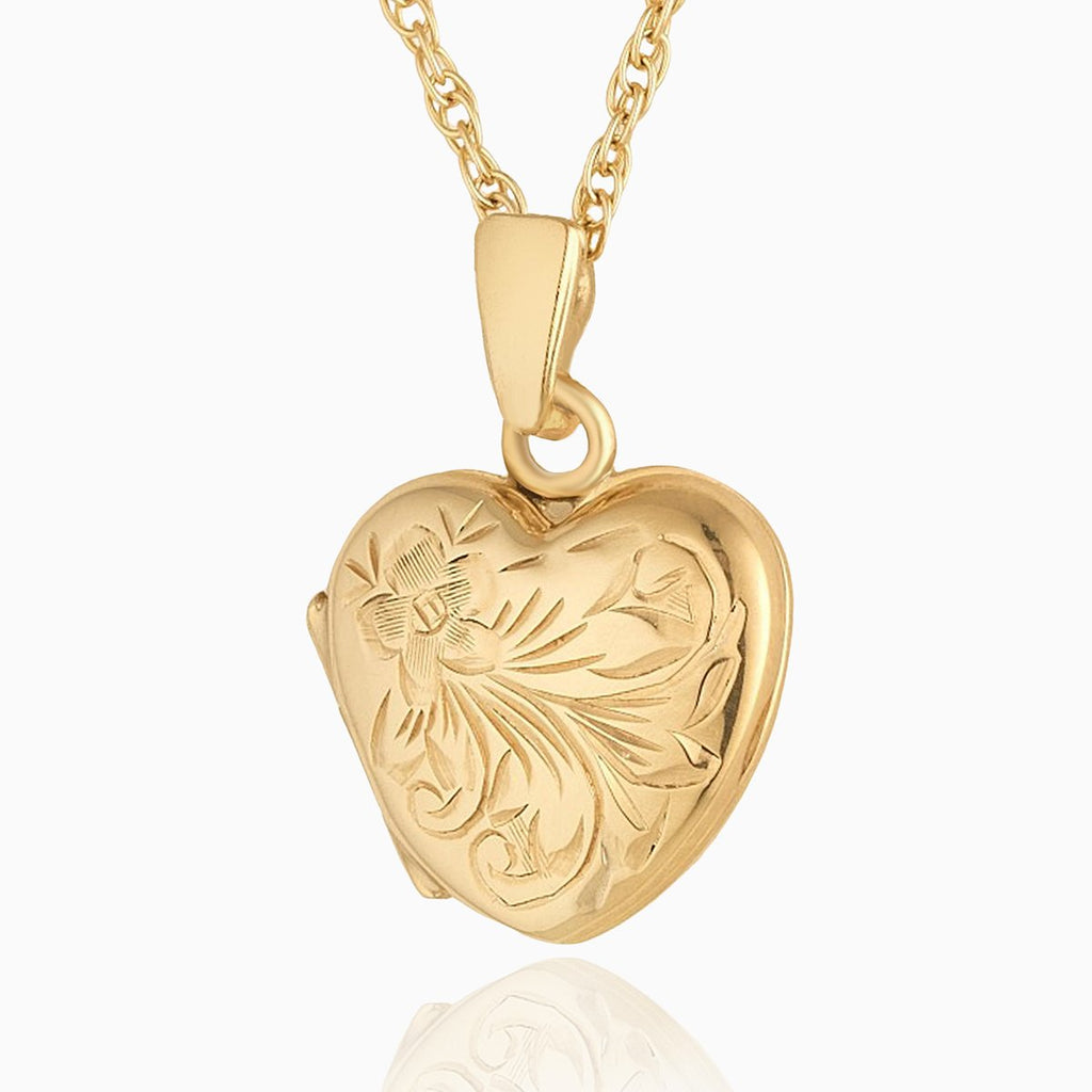 Petite 9 ct gold floral engraved locket on a 9 ct gold rope chain