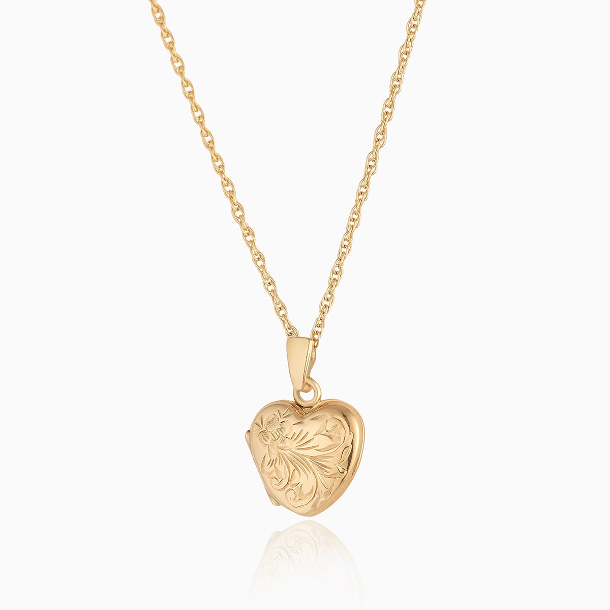 Petite 9 ct gold floral engraved locket on a 9 ct gold rope chain