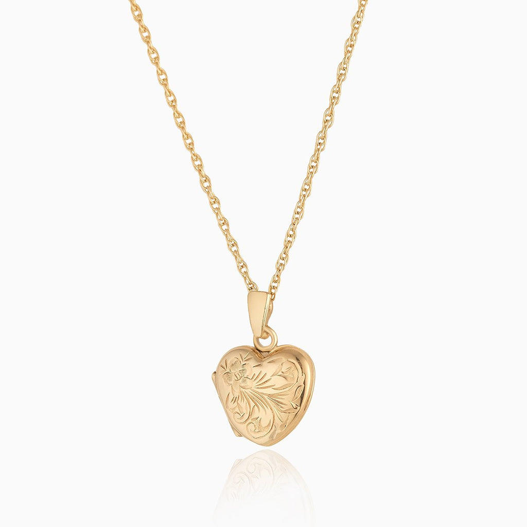 Petite 9 ct gold floral engraved locket on a 9 ct gold rope chain