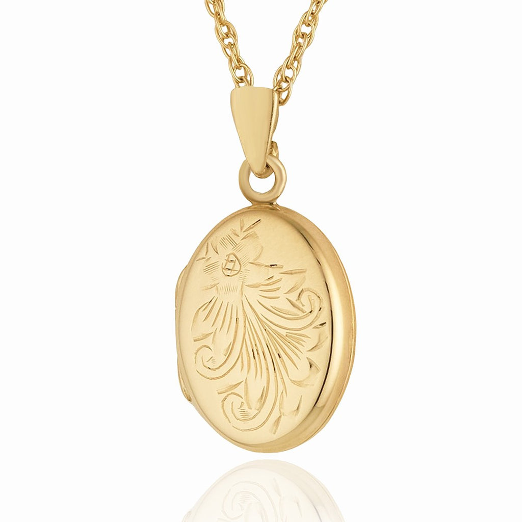 Petite 9 ct gold floral engraved oval locket on a 9 ct gold curb chain