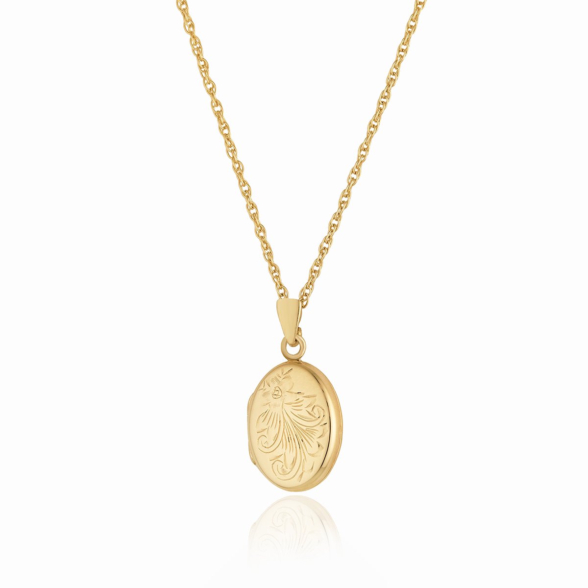 Petite 9 ct gold oval locket with a floral engraving on a 9 ct gold rope chain