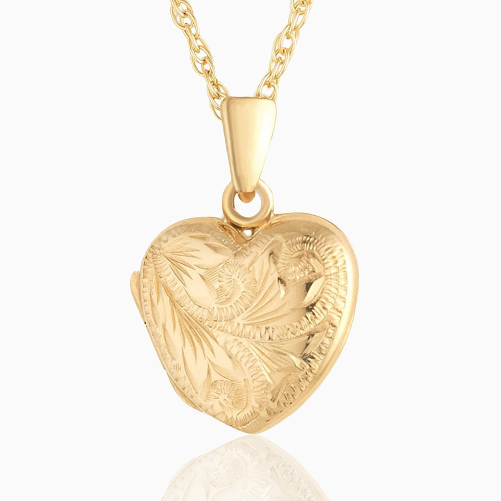 9 ct gold engraved heart locket  on a 9 ct gold rope chain.