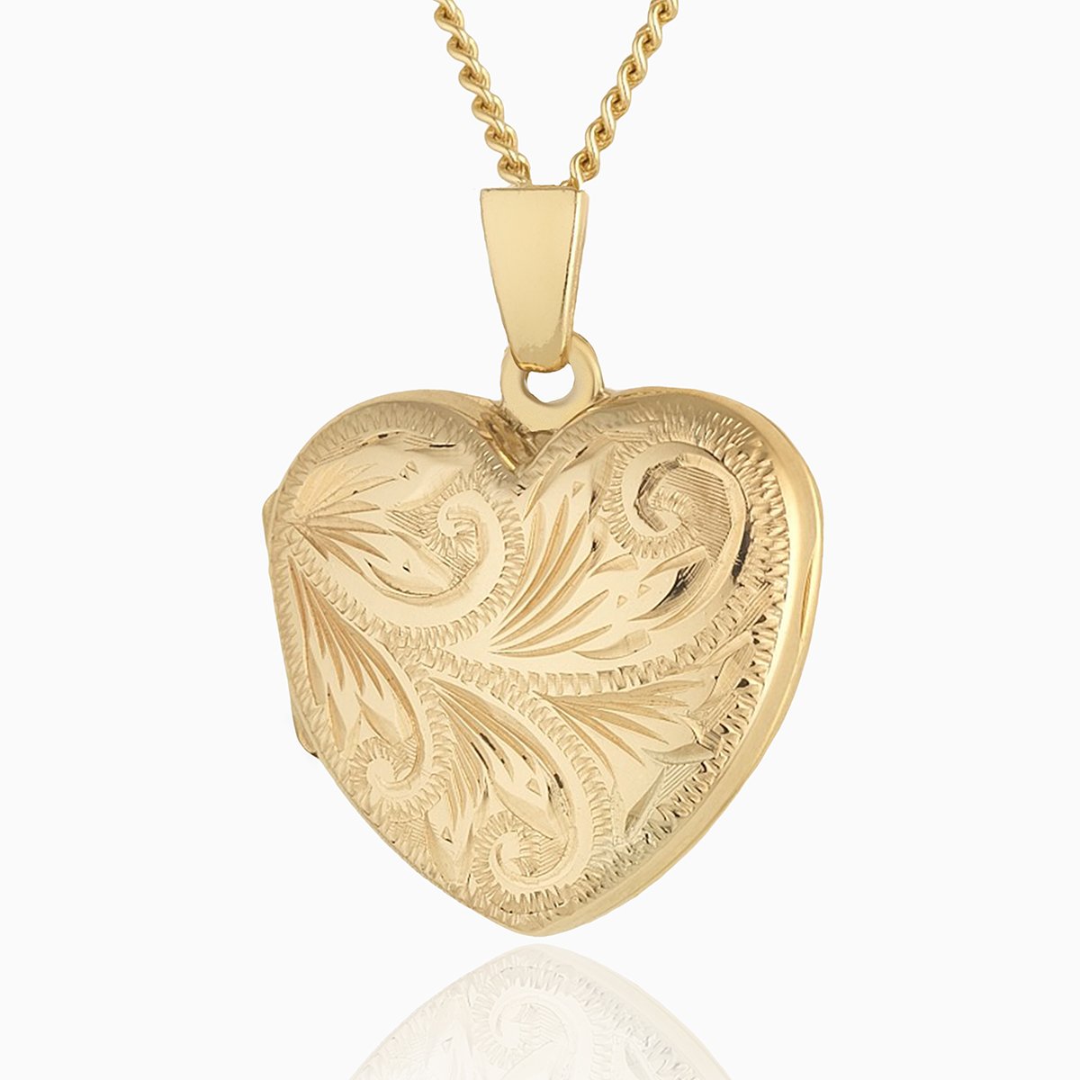 Front shot of a 9 ct gold engraved heart locket on a 9 ct gold curb chain.