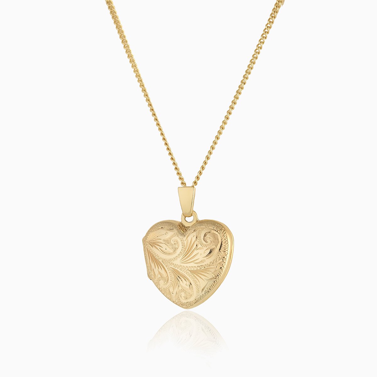 Front shot of a 9 ct gold engraved heart locket on a 9 ct gold curb chain.