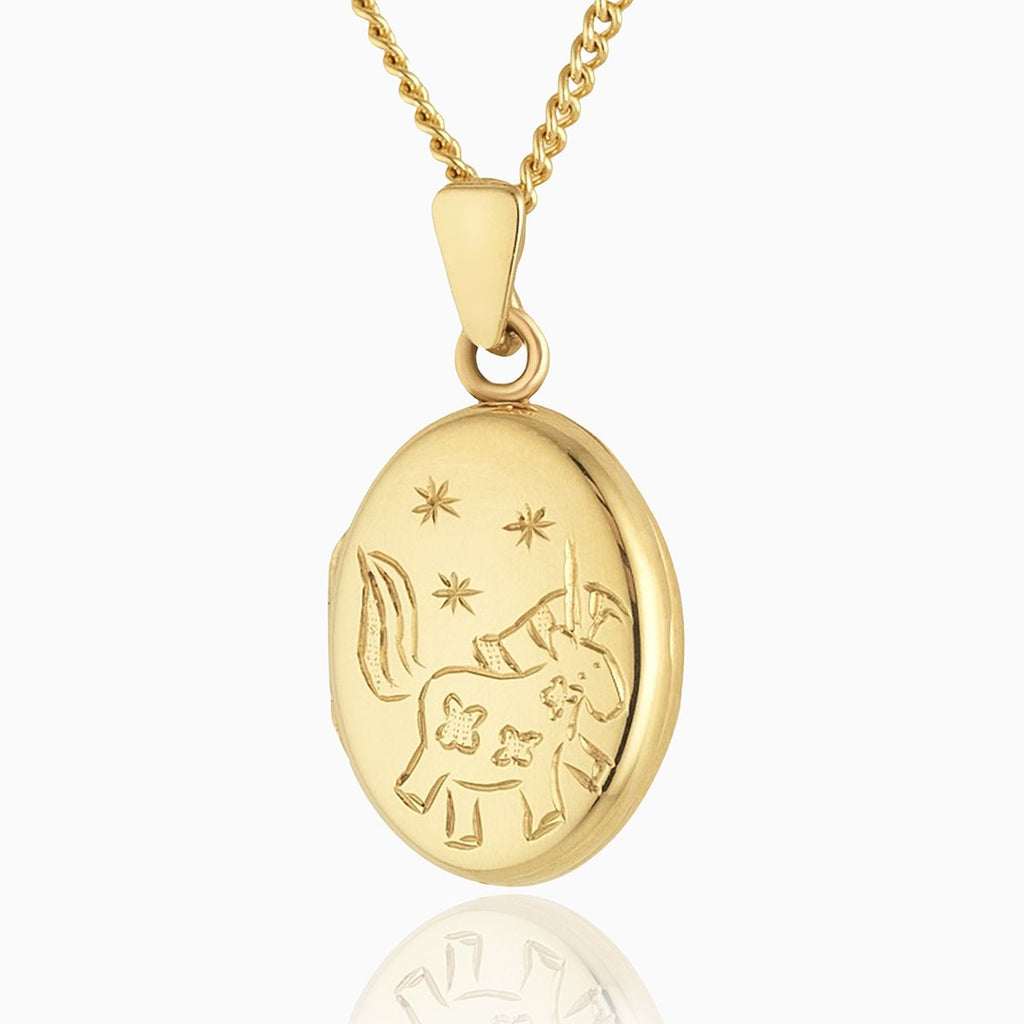  Petite 9 ct gold child's oval locket engraved with a unicorn on a 9 ct gold curb chain