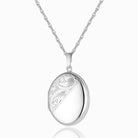 sterling silver oval locket with an engraved foliate design across the left diagonal