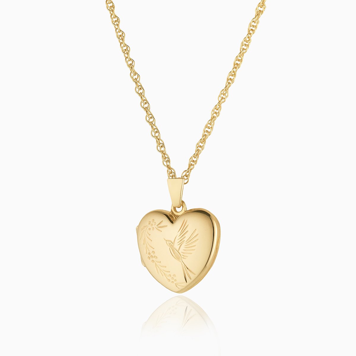 Front shot of a 9 ct gold heart locket with an engraved bird design on a 9 ct gold rope chain