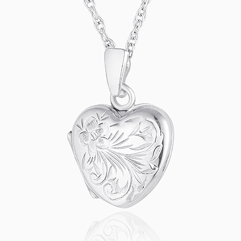 Petite 9 ct white gold heart locket engraved with a floral design on a 9 ct white gold chain