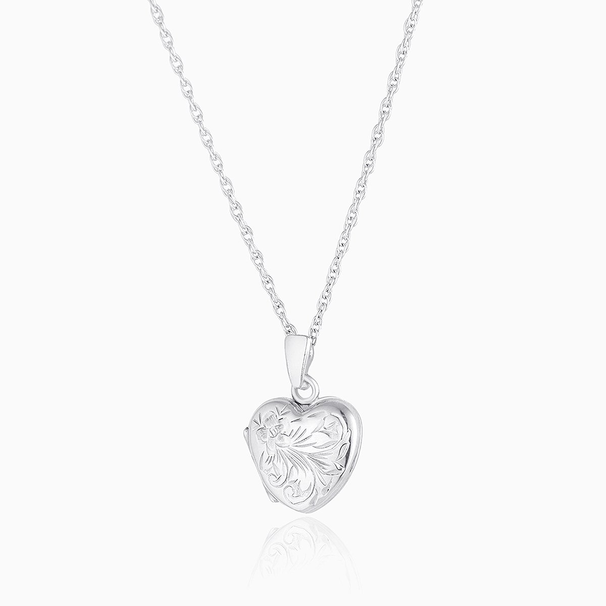 Petite 9 ct white gold heart locket engraved with a floral design on a 9 ct white gold chain