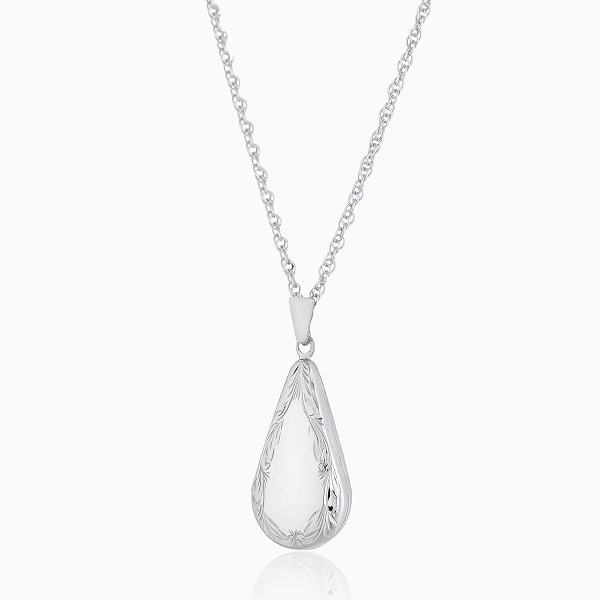 9 ct white gold teardrop shaped locket with an engraved border on a 9 ct white gold chain
