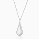 9 ct white gold teardrop shaped locket with an engraved border on a 9 ct white gold chain